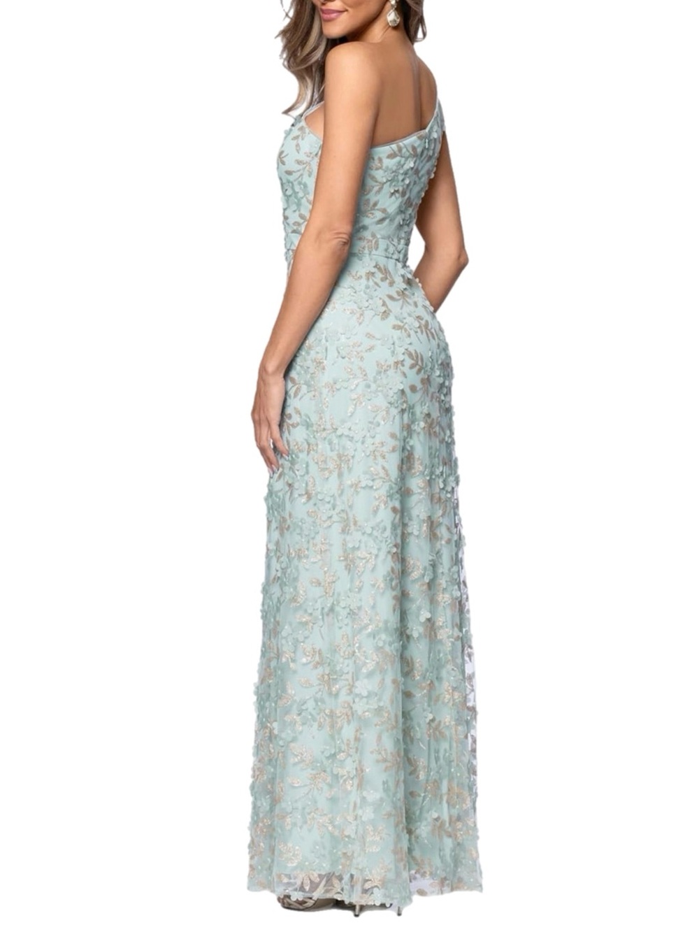 NWT X by Xscape $189 MSRP One-Shoulder Mint Blue Floral Lace Evening Gown Sz 12 - Picture 2 of 9